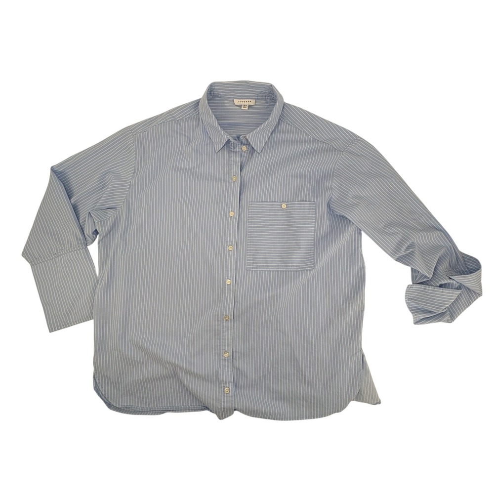 TOPSHOP‎ Blue White Stripe Button Down Long Sleeve Shirt Women's US 12